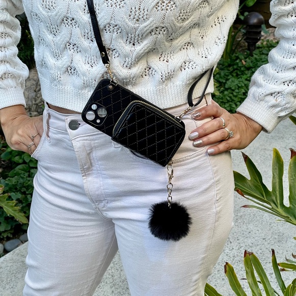 Black Leather Crossbody iPhone Case for 12/13/14/15/16 - Pro, Max, Plus - Picture 9 of 10